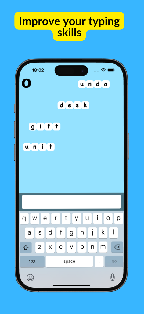Type Don't Stop - Mobile gameplay of Type Don't Stop showing words falling on a screen with an on-screen keyboard for typing practice.
