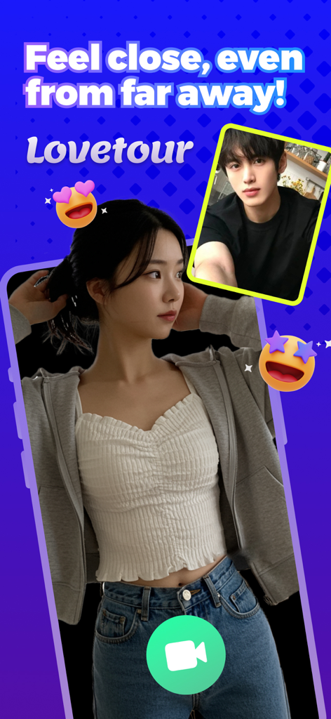 LoveTour - Chat & Video Call - Un écran de smartphone montrant un appel vidéo entre une jeune femme et un jeune homme sur l'application LoveTour