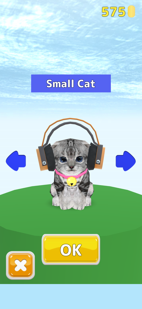 Cat Run - kitten running game - Una pantalla de selección de personajes en Cat Run que muestra un pequeño gatito gris con auriculares grandes y un collar con cascabel