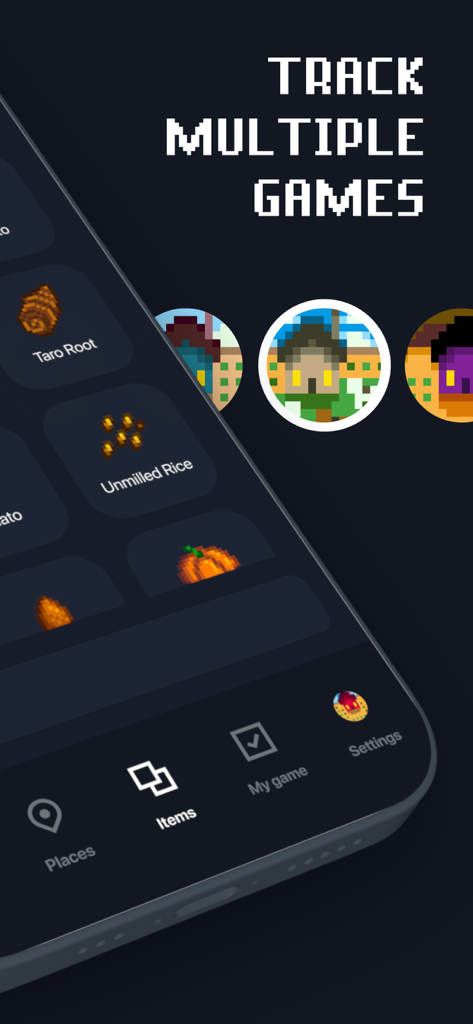 SV Guide - Screenshot dell'app mobile SV Guide che mostra la funzione per tracciare più giochi e un elenco di articoli come Radice di Taro e Riso non macinato.