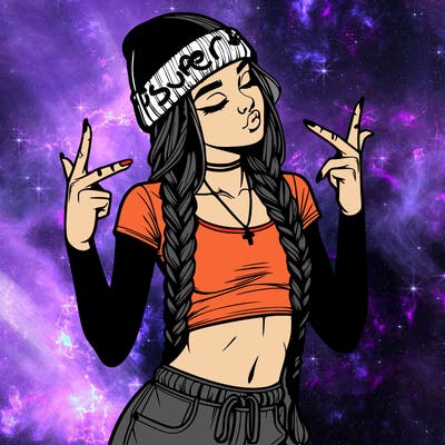 realistic teenage girl with braids and a beanie and crop top doing 🫶🏼