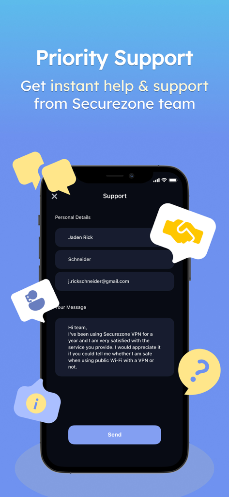 VPN Super Fast Securezone Best - ユーザーサポートのための連絡フォームを表示するSecurezone VPNアプリの優先サポート画面
