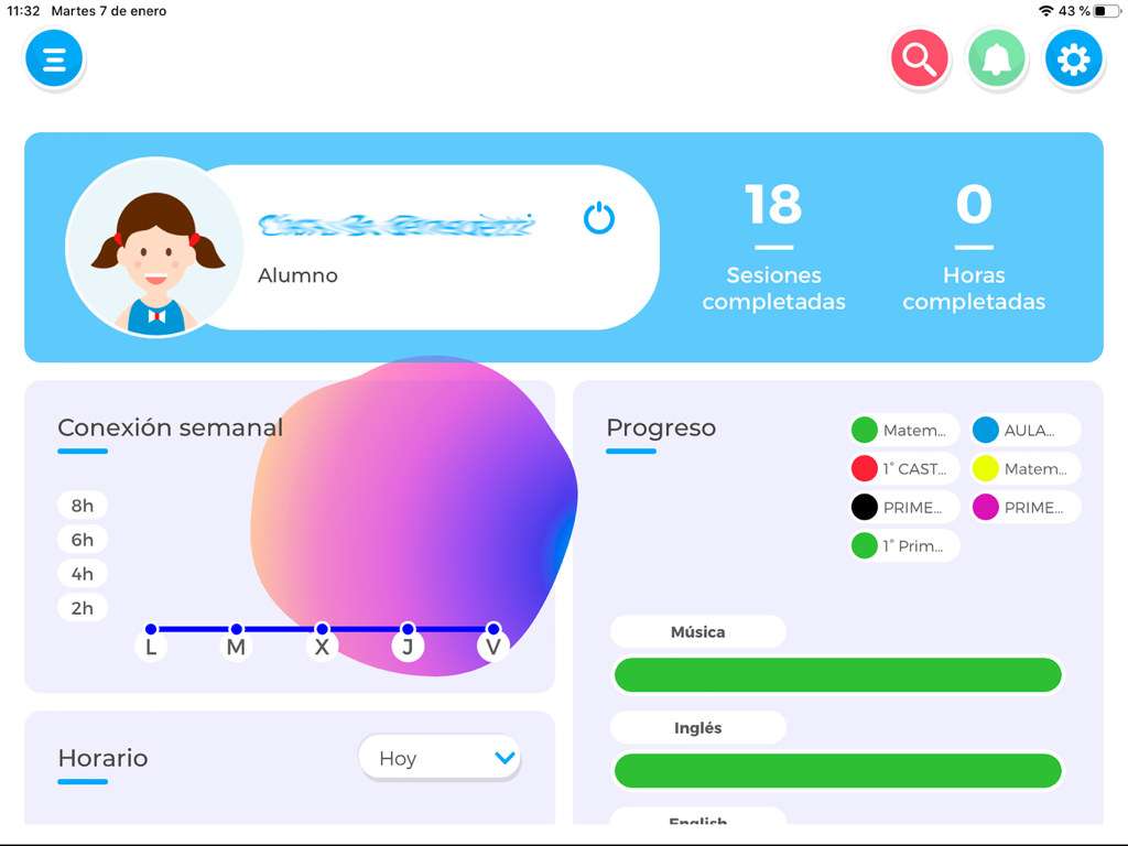 Panel del perfil del estudiante de Compartir 4 que presenta gráficos de progreso académico y estadísticas de sesión.