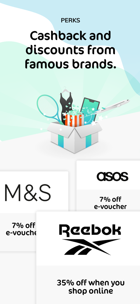 Breeze: Health & Wellbeing - Breeze app Perks screen showing cashback and discounts from brands like Reebok ASOS and MS