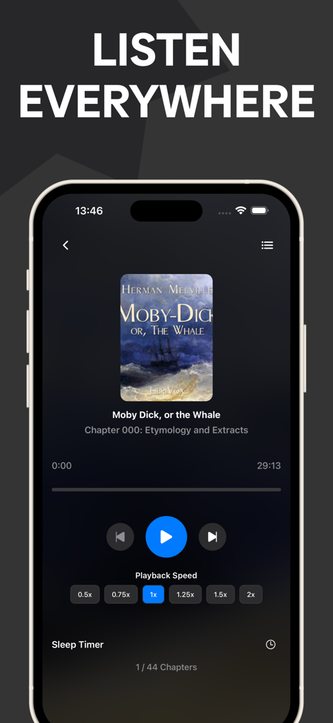 Interfaz de la aplicación Librivox reproduciendo Moby Dick con controles de reproducción y temporizador de sueño