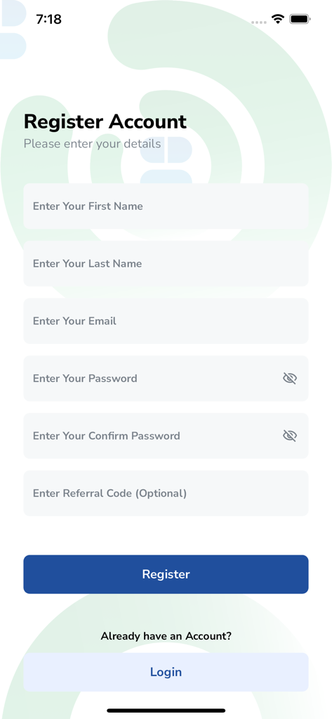 nCard - Registrierungsbildschirm der nCard-App mit Feldern für Vorname, Nachname, E-Mail und Passwort.