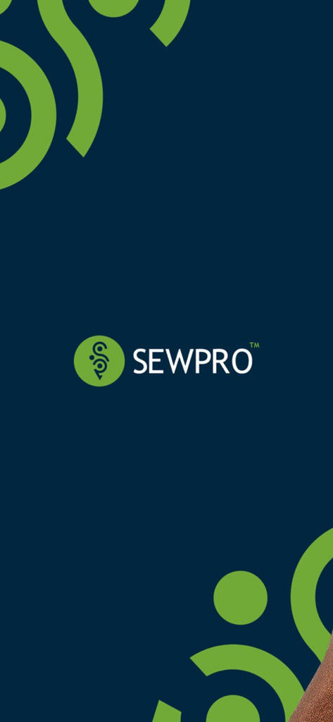 SewPRO - SewPRO app splash screen featuring the green logo on a dark blue background