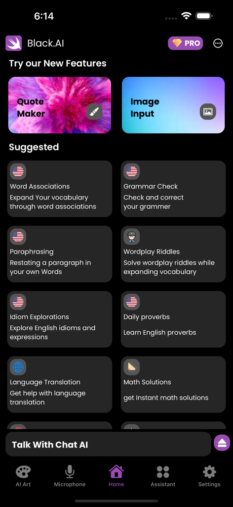Interface of the Black.AI app showing various AI features including Quote Maker, Image Input, and language tools.