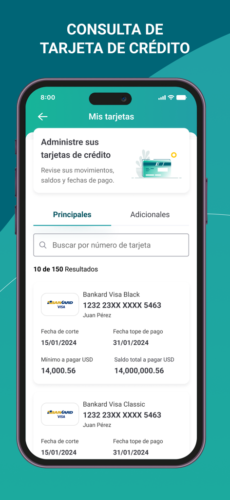 Bolivariano Empresas - Credit card management screen in the Bolivariano Empresas mobile app showing card balances and payment dates