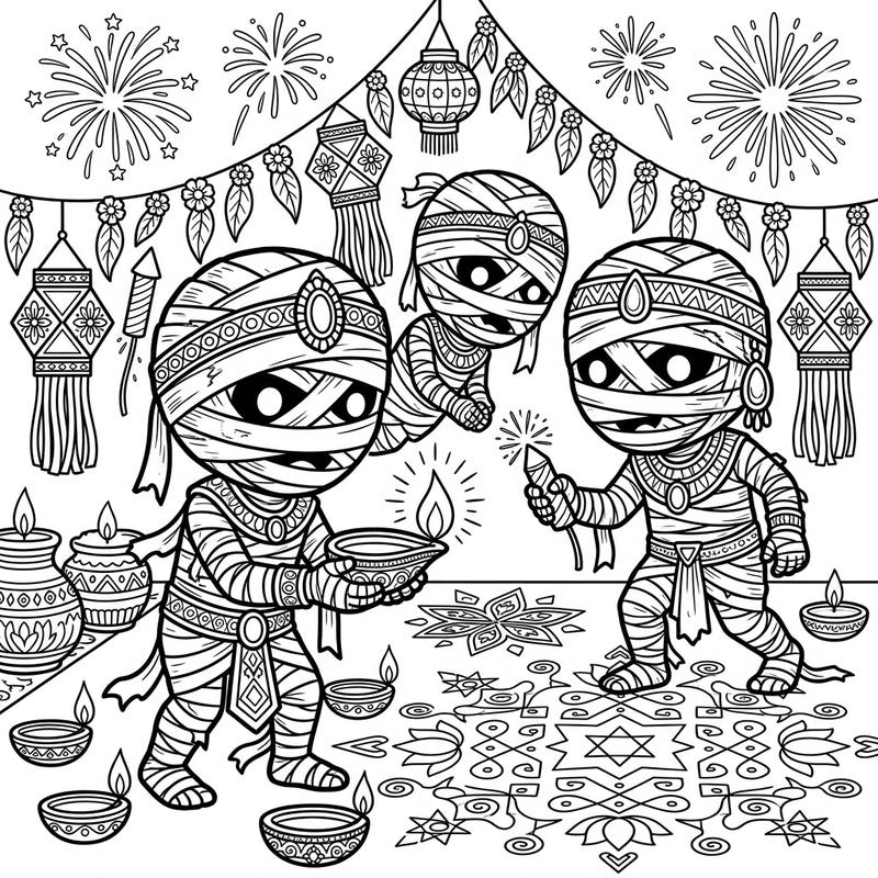 Dive into a wonderfully whimsical world where ancient mummies celebrate the vibrant festival of Diwali. This unique coloring page blends spooky fun with festive lights, intricate patterns, and dazzling fireworks, perfect for an exciting artistic adventure.