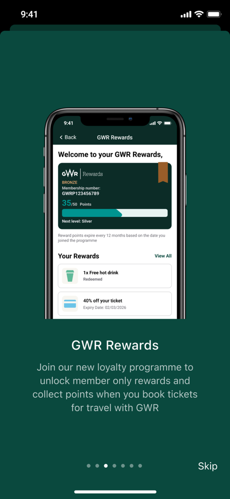 Great Western Railway app screen showing the GWR Rewards loyalty program interface with membership points and earned travel rewards