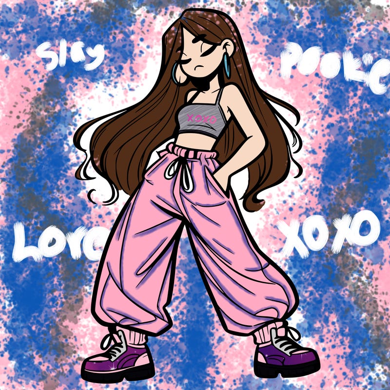 girl in baggy pants crop top and long hair