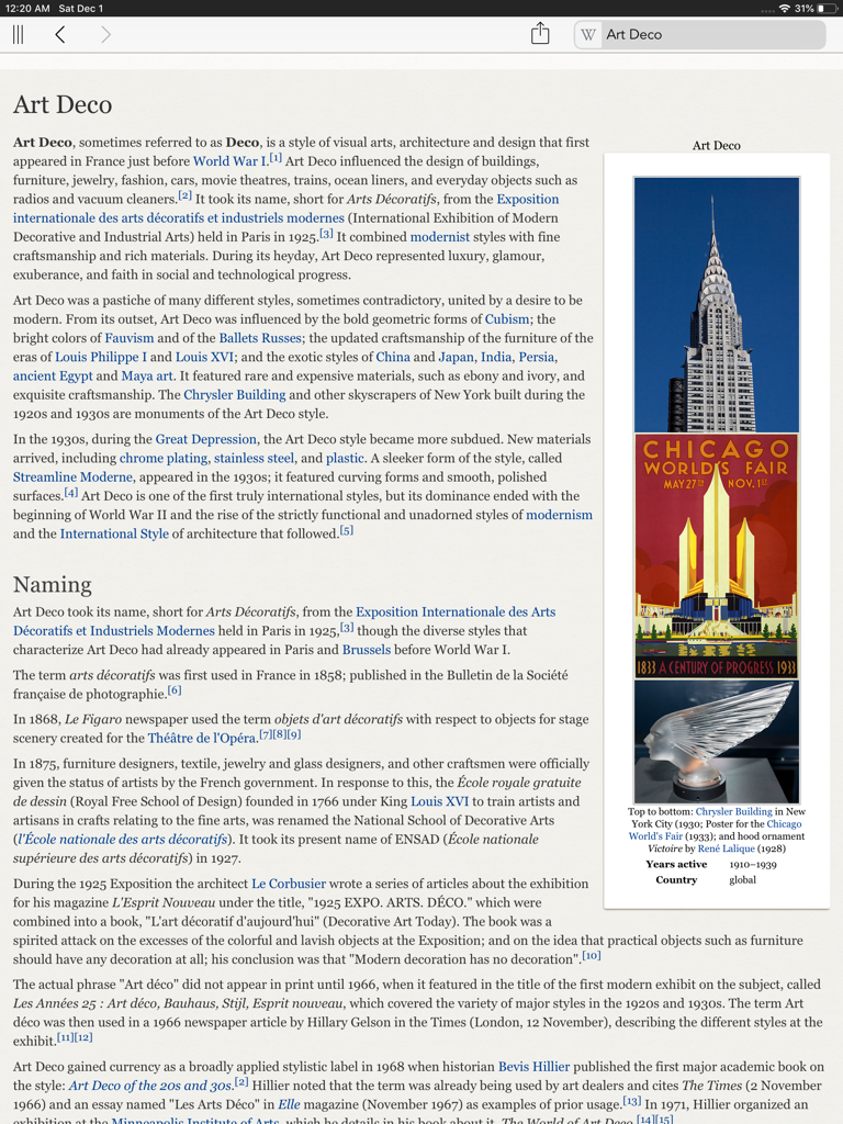 The Wikipanion app for iPad displaying a Wikipedia article about Art Deco.