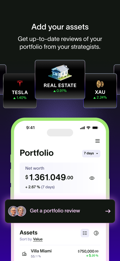 Richify mobile app interface showing portfolio net worth tracking with diverse assets including stocks and real estate