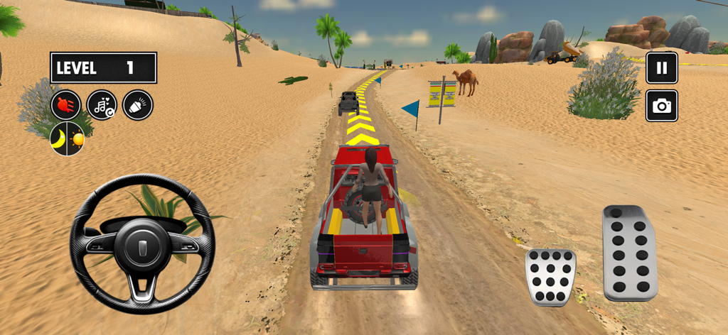 Dunes Offroad Car Simulator 3D - A red pickup truck driving on a desert path in a 3D car simulator game with on screen steering wheel and pedals