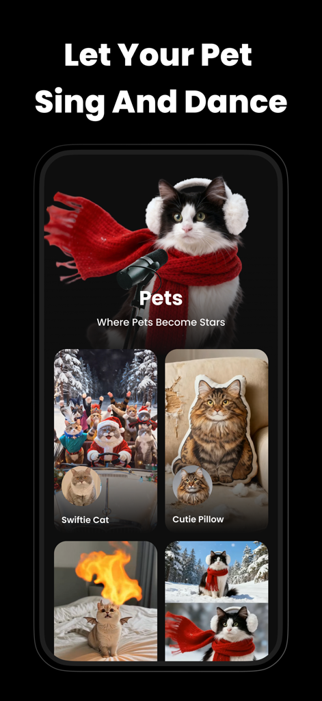 VibeMe AI: Music Video Maker - Interface of VibeMe AI showing a cat animated to sing and dance
