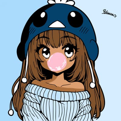 anime girl with chick shaped hat with sweater with bare shoulders with bangs covering them one eye with low tail
