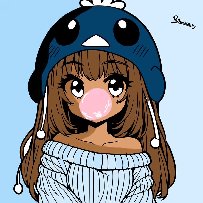 anime girl with chick shaped hat with sweater with bare shoulders with bangs covering them one eye with low tail