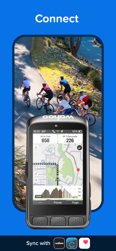 Bikemap app showing integration with Garmin and Wahoo GPS devices for bicycle route syncing.