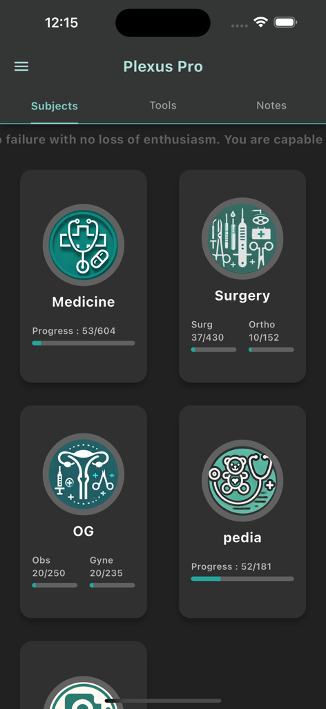 Plexus MBBS - A dashboard in the Plexus MBBS app displaying study progress for medical subjects including Medicine, Surgery, OG, and Pediatrics.