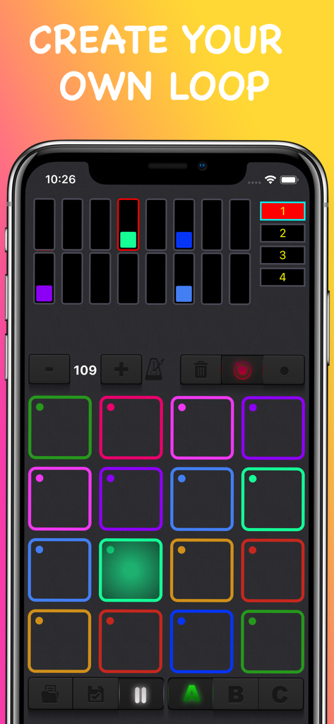Drum & Rhythm Pad - Beat Maker - Interfaz de app móvil con pads de ritmos coloridos y un secuenciador para crear loops de música.