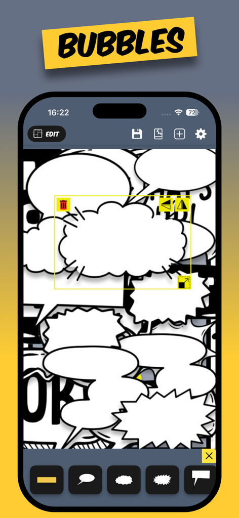 Comics AI - Interfaz de la aplicación Comics AI mostrando una variedad de estilos de globos de diálogo para la creación de cómics personalizados.