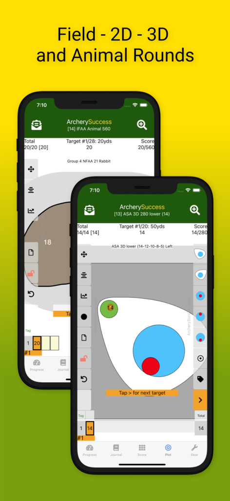 ArcherySuccess - Score & Plot - Dois telefones celulares mostrando a interface do aplicativo ArcherySuccess para pontuação de rodadas 3D e de animais.