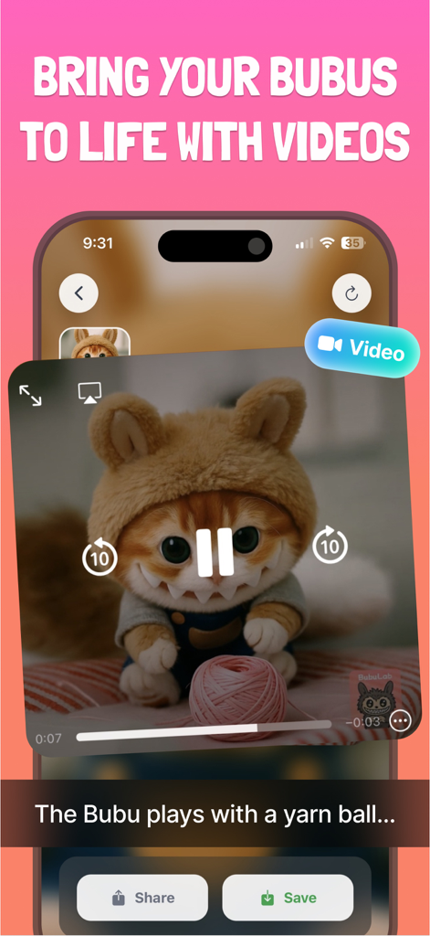 BubuLab: AI Bubu Generator - Interface of the BubuLab app showing an AI-generated video of a cute fuzzy creature playing with a pink yarn ball.