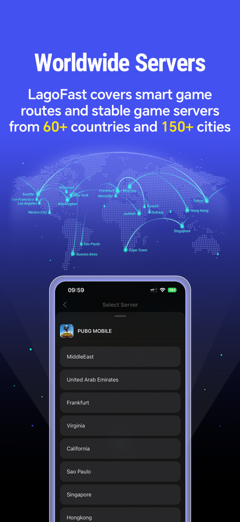Mapa global mostrando a localização dos servidores LagoFast e uma tela de celular para seleção de servidores em PUBG Mobile.