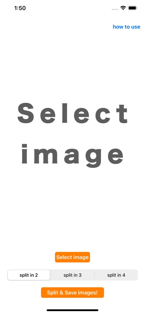 TweetSplit 앱의 메인 화면으로, 이미지를 2, 3 또는 4개 부분으로 분할하는 옵션을 보여줍니다.