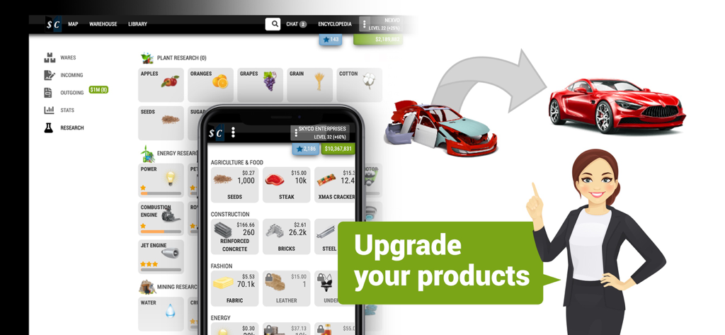Mobile and desktop interface for Sim Companies showing business management and product manufacturing upgrades