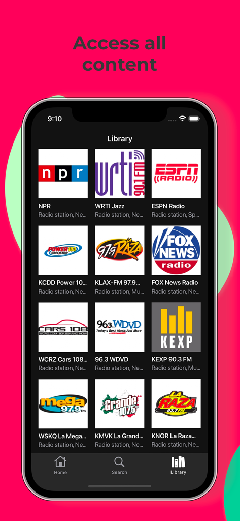 Radiolive · - Schermata dell'iPhone che mostra la libreria dell'app Radiolive con icone per NPR, ESPN e Fox News Radio.