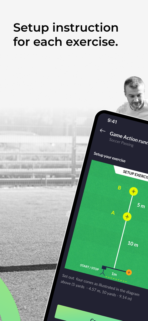 A smartphone showing setup instructions and a diagram for a soccer cone training drill.