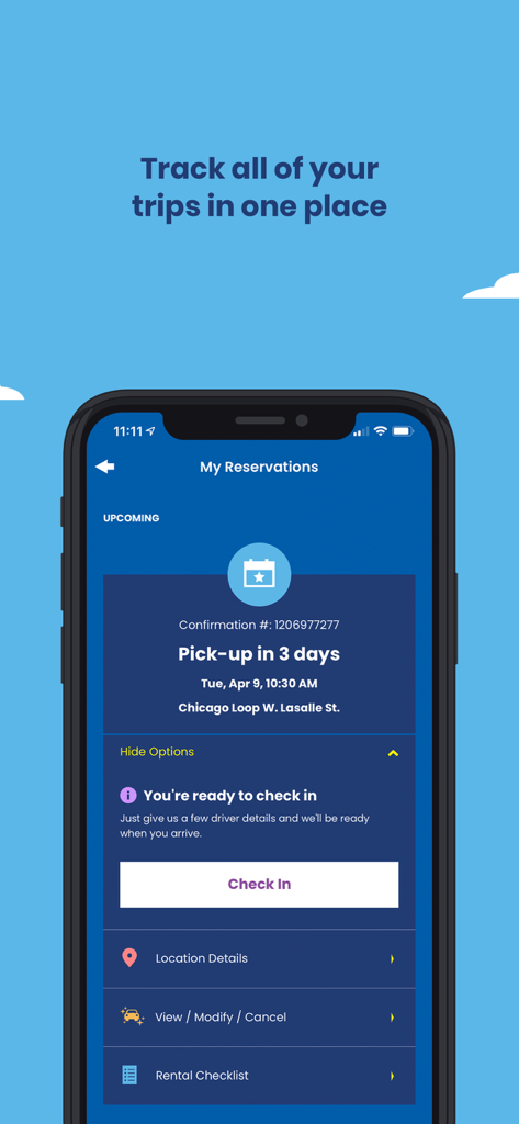 Alamo - Car Rental - Alamo app interface showing an upcoming car rental reservation in Chicago with a check-in button