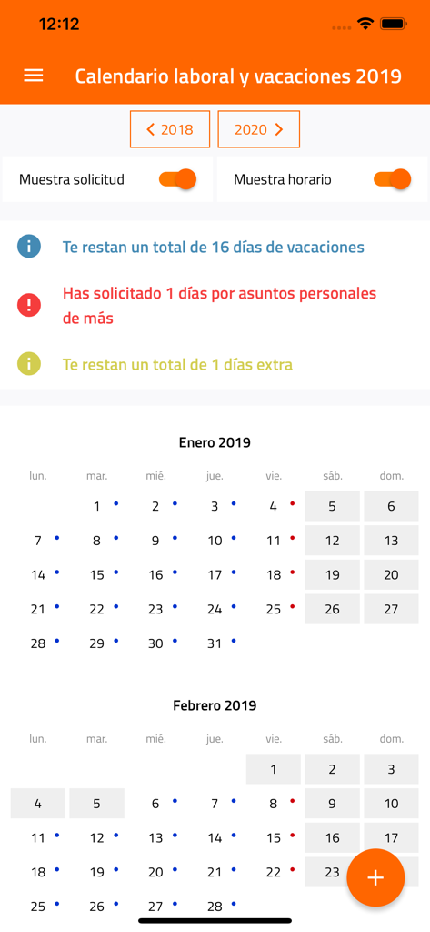 Portal del empleado - RRHH - Mobile app screen showing an employee work and vacation calendar with remaining holiday balances