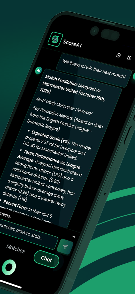 ScoreAI - A smartphone screen of the ScoreAI app showing an interactive AI chat response with match predictions and advanced soccer stats