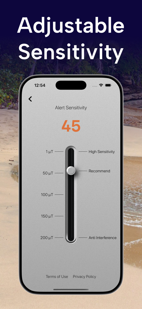 Metal Detector: EMF Finder - スライダー付きの調整可能なアラート感度設定を示すメタル探知機アプリインターフェースのスクリーンショット