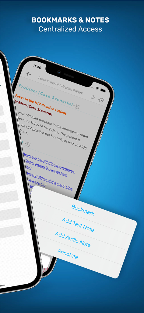 Internal Medicine On Call app interface showing bookmarks and notes features