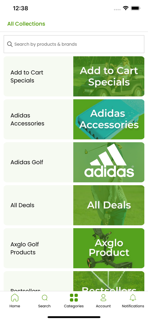 Just Golf Stuff - The categories screen of the Just Golf Stuff app listing various golf product collections and brand deals