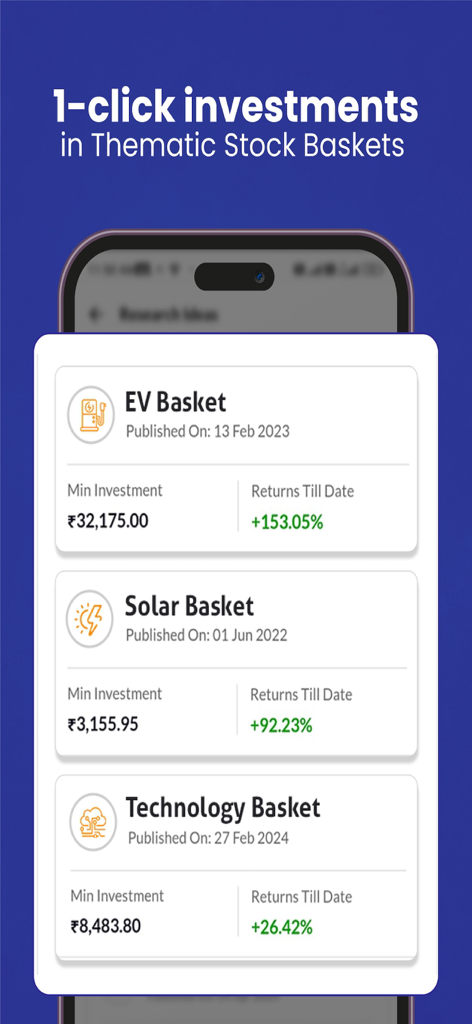 RIISE: Stocks by Motilal Oswal - RIISE app interface showing thematic stock baskets for 1-click investments with performance data.
