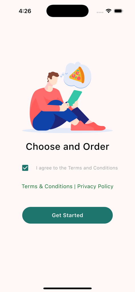 Bella Sicilia - Restaurant - Bella Sicilia Restaurant app onboarding screen featuring a pizza illustration and a Get Started button
