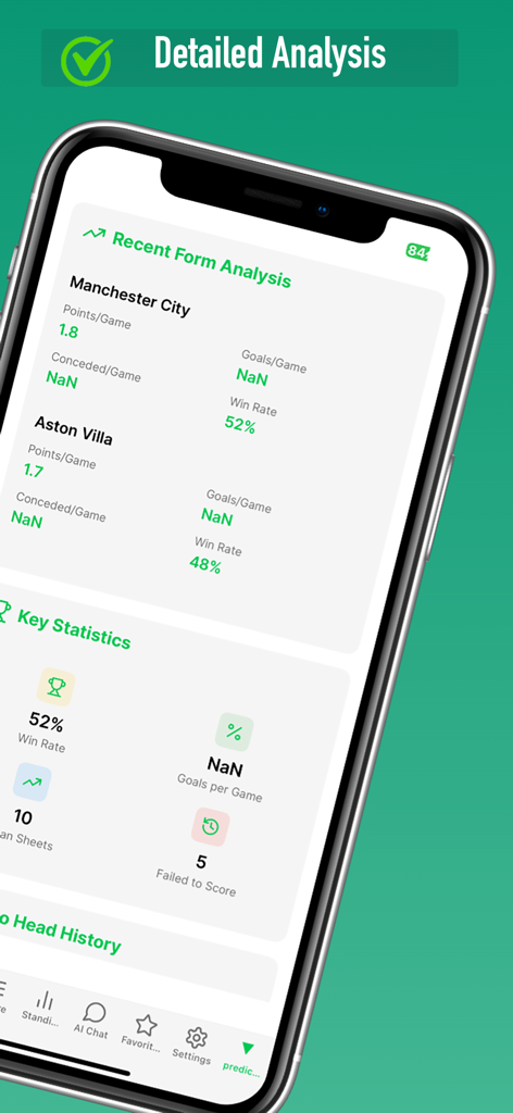 AI Football Prediction Tips - Detailed match analysis comparison between Manchester City and Aston Villa on a football prediction app.