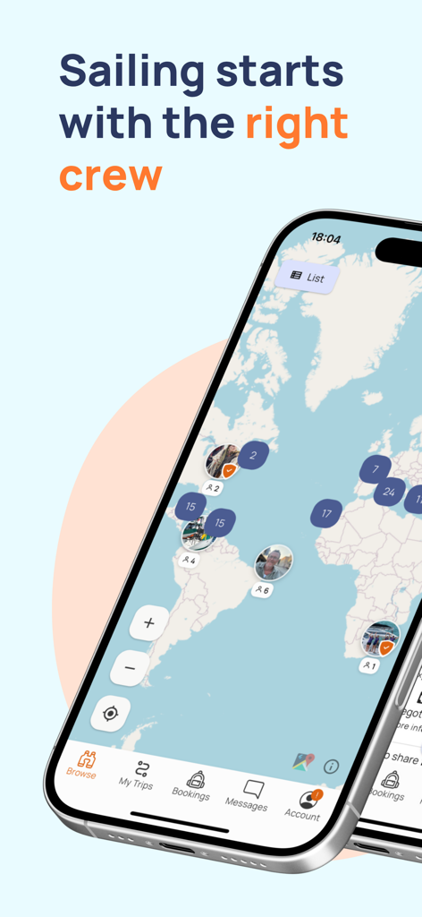 Écran de smartphone montrant la carte de l'application Yacht Cabin avec des profils d'équipage de voile et des voyages dans le monde entier.