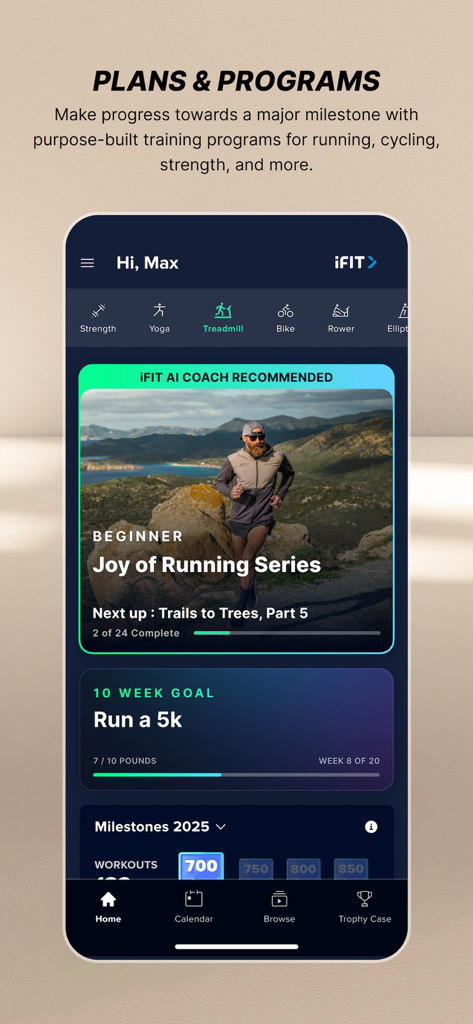 iFIT Workouts App-Oberfläche, die personalisierte Fitnesspläne und ein 10-Wochen-5k-Trainingsziel zeigt
