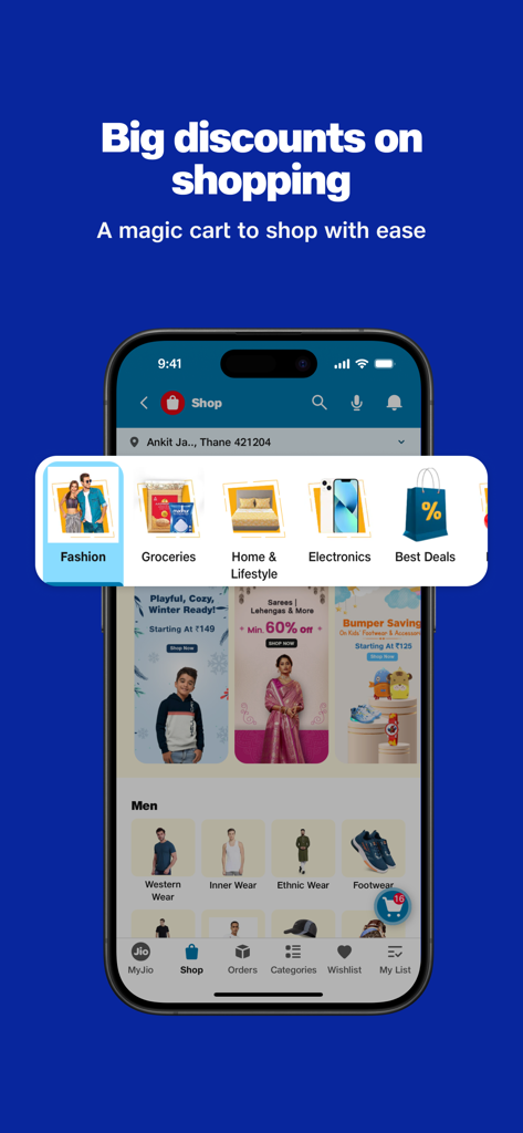 Interface of the MyJio app's shopping section highlighting discounts and categories like fashion and electronics.