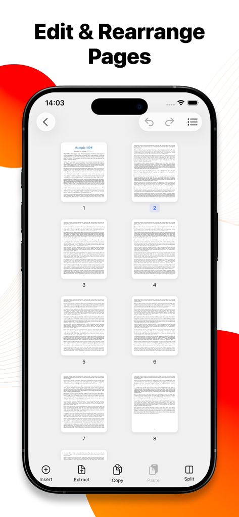 Oberfläche der PDF AI App, die ein Raster von Dokumentenseiten mit Optionen zum Bearbeiten, Neuordnen, Extrahieren und Aufteilen von Seiten anzeigt.