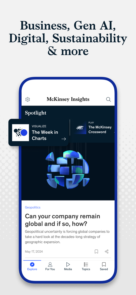McKinsey Insights - Screenshot of the McKinsey Insights mobile app featuring business articles on AI sustainability and global strategy