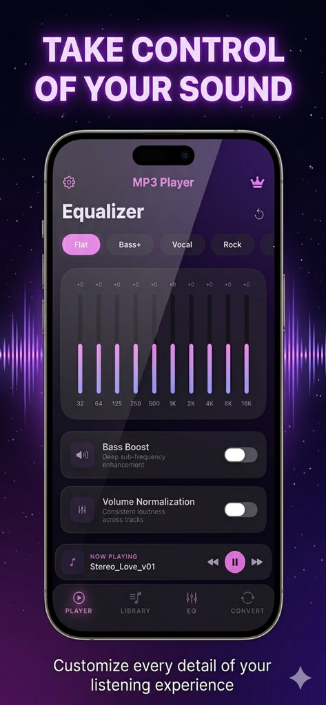 MP3 Player & Audio Music Mixer - Interfaz de la aplicación Reproductor MP3 mostrando el ecualizador de 10 bandas y la configuración de personalización del sonido.