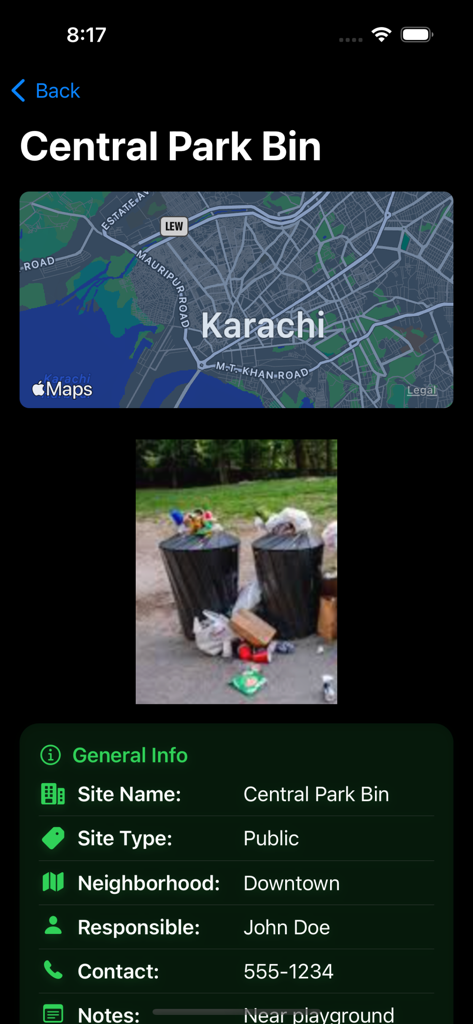 Garbage Maps Collection - Detailed view of a garbage collection site with map, site photo, and operational information