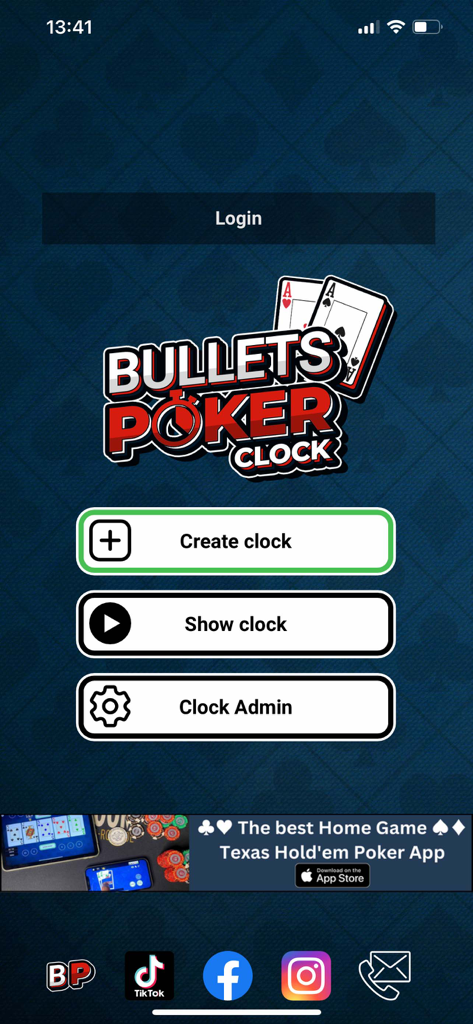 Main menu of the Bullets Poker Clock app showing options to create show and manage a poker tournament clock